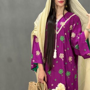 تصویر لباس ساحلی بنفش مدل گل ابریشم